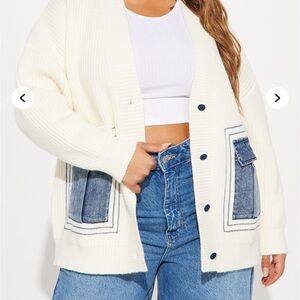 Women's Oversized Cream Cardigan with Denim Accents